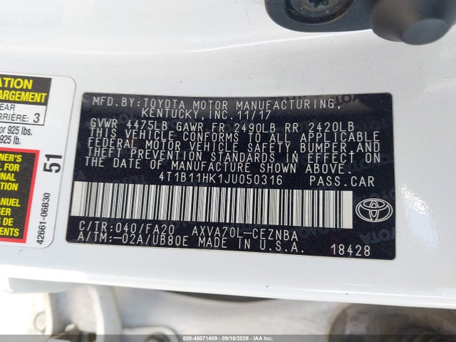Продажа на аукционе авто 2018 Toyota Camry Le, vin: 4T1B11HK1JU050316, номер лота: 46071409