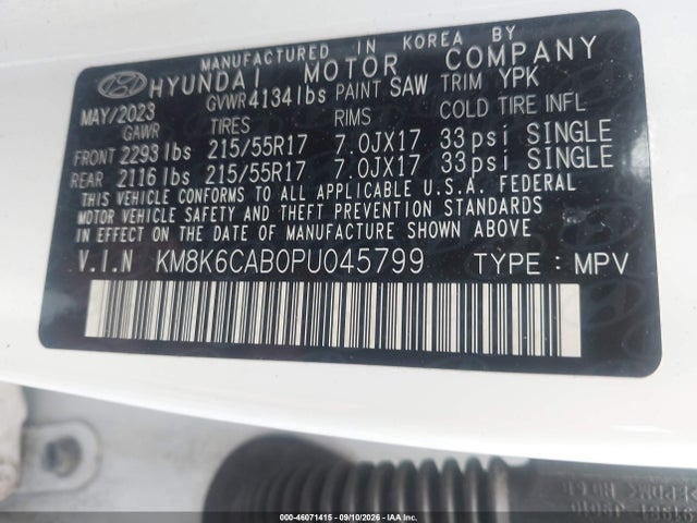 Aukcja sprzedaży 2023 Hyundai Kona Sel, vin: KM8K6CAB0PU045799, numer aukcji: 46071415