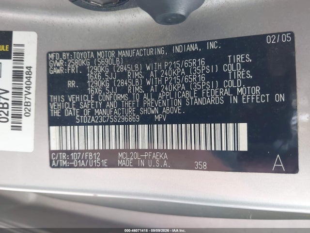 Продажа на аукционе авто 2005 Toyota Sienna Le, vin: 5TDZA23C75S296869, номер лота: 46071418