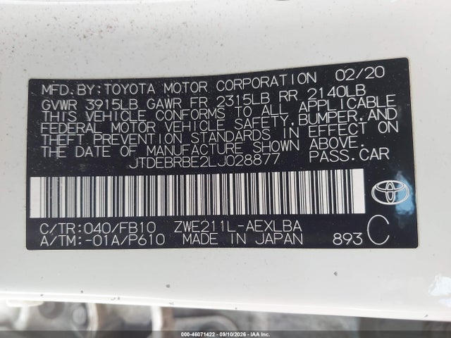 Toyota Corolla Hybrid Le 2020 JTDEBRBE2LJ028877 Image 9
