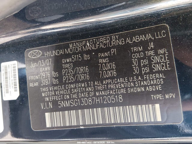 2007 Hyundai Santa Fe Gls მანქანა იყიდება აუქციონზე, vin: 5NMSG13D87H120518, აუქციონის ნომერი: 46071432