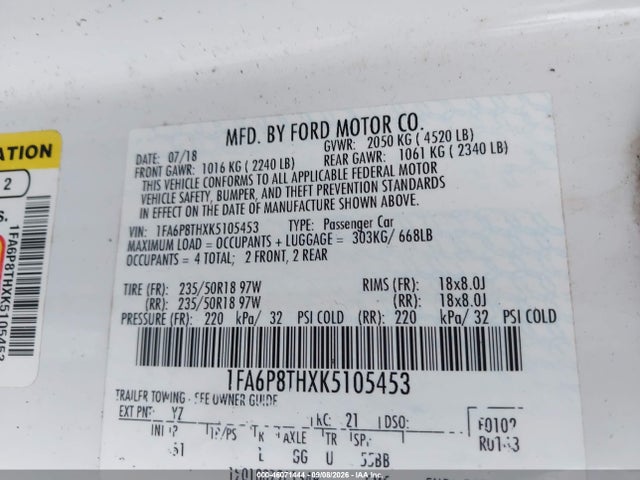2019 Ford Mustang Ecoboost Premium მანქანა იყიდება აუქციონზე, vin: 1FA6P8THXK5105453, აუქციონის ნომერი: 46071444