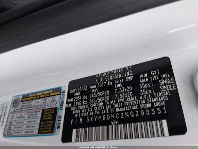 2022 Kia Telluride S მანქანა იყიდება აუქციონზე, vin: 5XYP6DHC2NG293551, აუქციონის ნომერი: 46071446