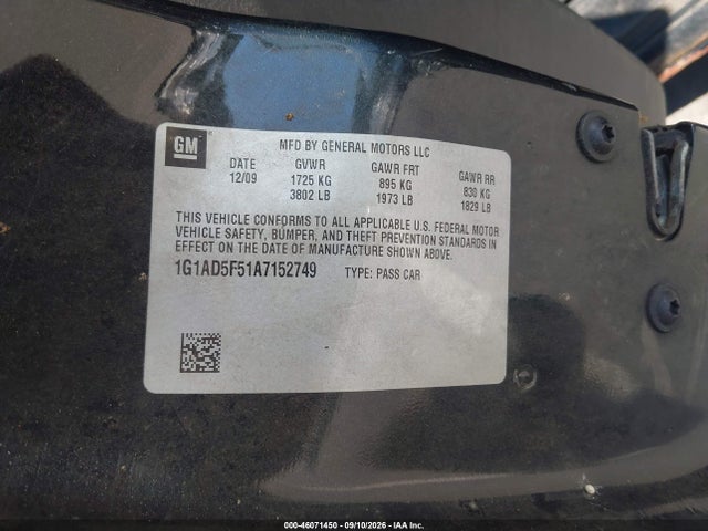 46071450 :رقم المزاد ، 1G1AD5F51A7152749 vin ، 2010 Chevrolet Cobalt Lt مزاد بيع