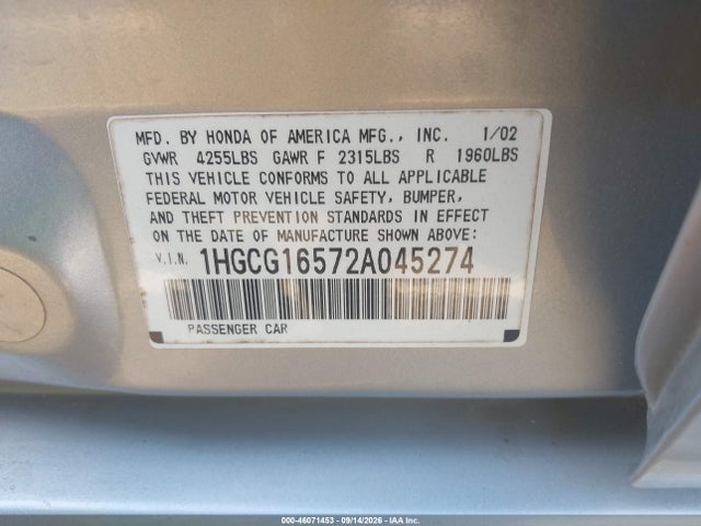Продажа на аукционе авто 2002 Honda Accord 3.0 Ex, vin: 1HGCG16572A045274, номер лота: 46071453