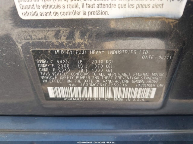 Aukcja sprzedaży 2011 Subaru Legacy 2.5i Premium, vin: 4S3BMCC64B3259316, numer aukcji: 46071462