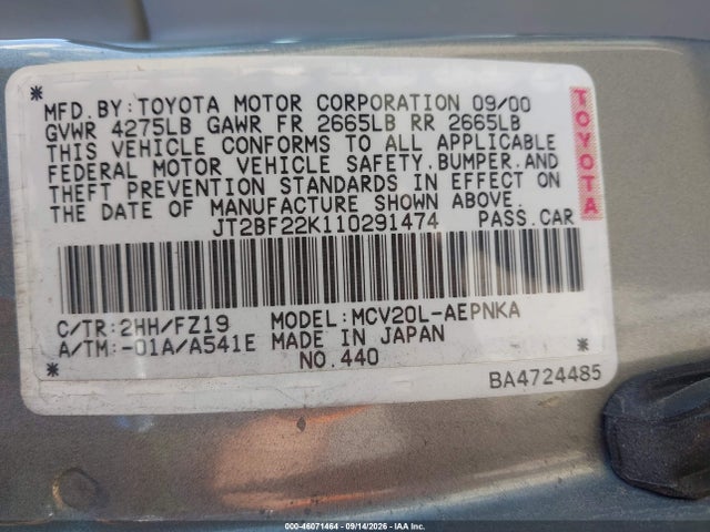 2001 Toyota Camry Le V6 მანქანა იყიდება აუქციონზე, vin: JT2BF22K110291474, აუქციონის ნომერი: 46071464