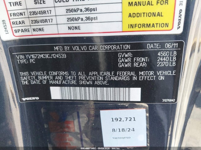 46071492 :رقم المزاد ، YV1672MC9CJ124539 vin ، 2012 Volvo C70 T5 مزاد بيع