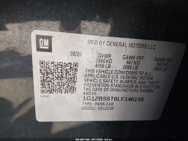 46071498 :رقم المزاد ، 1G1ZB5ST6LF146158 vin ، 2020 Chevrolet Malibu Fwd Ls مزاد بيع