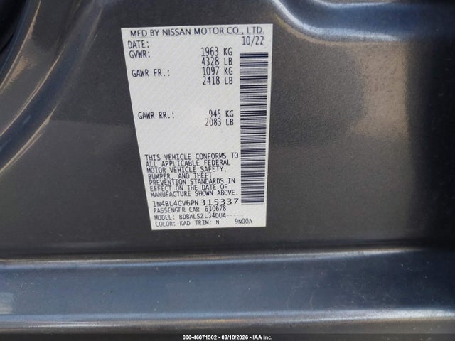 46071502 :رقم المزاد ، 1N4BL4CV6PN315337 vin ، 2023 Nissan Altima Sr Fwd مزاد بيع