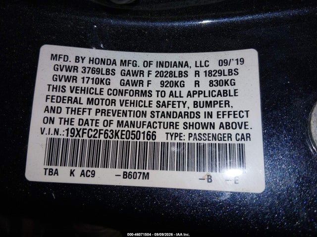 46071504 :رقم المزاد ، 19XFC2F63KE050166 vin ، 2019 Honda Civic Lx مزاد بيع