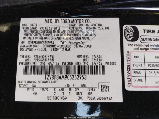 46071506 :رقم المزاد ، 1ZVBP8AM9C5252953 vin ، 2012 Ford Mustang V6 Premium مزاد بيع