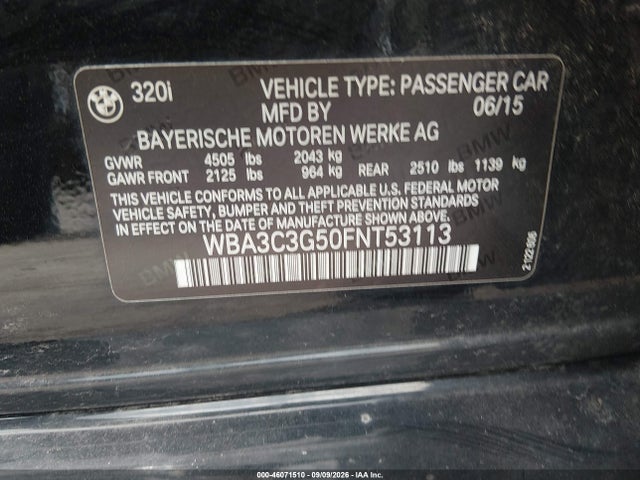 Aukcja sprzedaży 2015 Bmw 320i Xdrive, vin: WBA3C3G50FNT53113, numer aukcji: 46071510