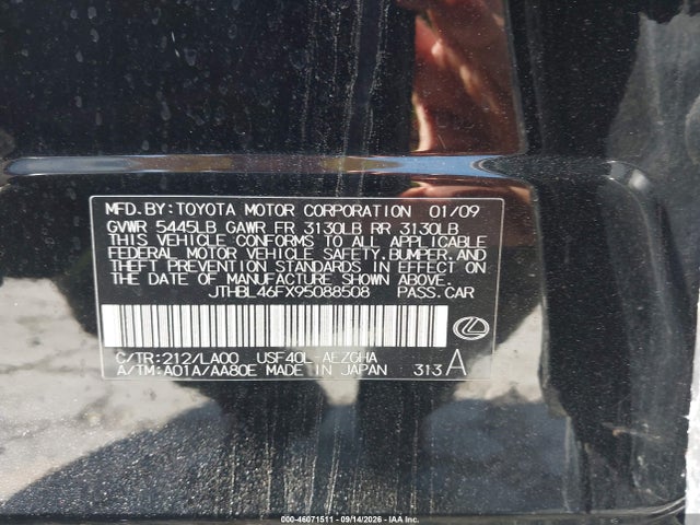46071511 :رقم المزاد ، JTHBL46FX95088508 vin ، 2009 Lexus Ls 460 مزاد بيع