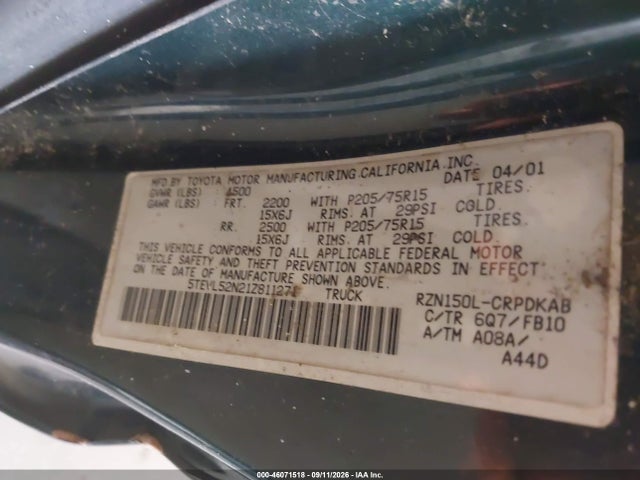 2001 Toyota Tacoma მანქანა იყიდება აუქციონზე, vin: 5TEVL52N21Z811271, აუქციონის ნომერი: 46071518