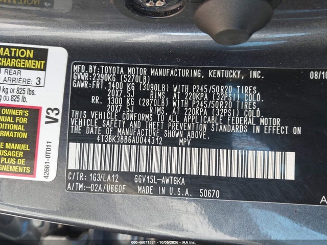 2010 Toyota Venza Base V6 მანქანა იყიდება აუქციონზე, vin: 4T3BK3BB6AU044312, აუქციონის ნომერი: 46071521