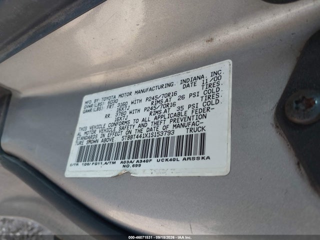 46071531 :رقم المزاد ، 5TBBT441X1S153793 vin ، 2001 Toyota Tundra Sr5 V8 مزاد بيع
