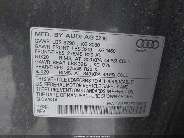 2015 Audi Q7 3.0t Premium მანქანა იყიდება აუქციონზე, vin: WA1LGAFE2FD016617, აუქციონის ნომერი: 46071535