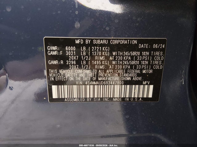 46071536 :رقم المزاد ، 4S4WMAUD6R3447800 vin ، 2024 Subaru Ascent Limited 7-passenger مزاد بيع