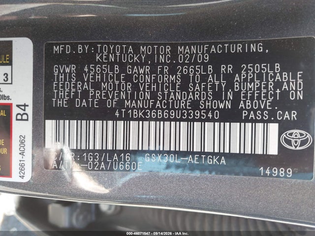 46071547 :رقم المزاد ، 4T1BK36B69U339540 vin ، 2009 Toyota Avalon Xls مزاد بيع