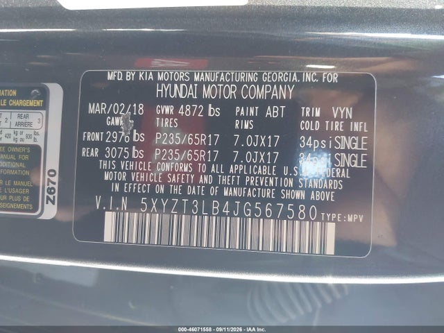 5XYZT3LB4JG567580 Hyundai Santa Fe Sport 2.4l