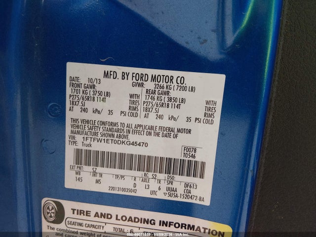 2013 Ford F-150 Xlt მანქანა იყიდება აუქციონზე, vin: 1FTFW1ET0DKG45470, აუქციონის ნომერი: 46071559