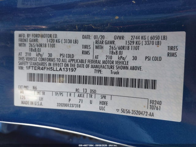 46071564 :رقم المزاد ، 1FTER4FH5LLA13197 vin ، 2020 Ford Ranger Xlt مزاد بيع