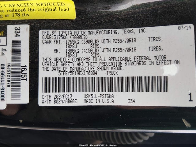 2014 Toyota Tundra Sr5 5.7l V8 მანქანა იყიდება აუქციონზე, vin: 5TFEY5F19EX170884, აუქციონის ნომერი: 46071584
