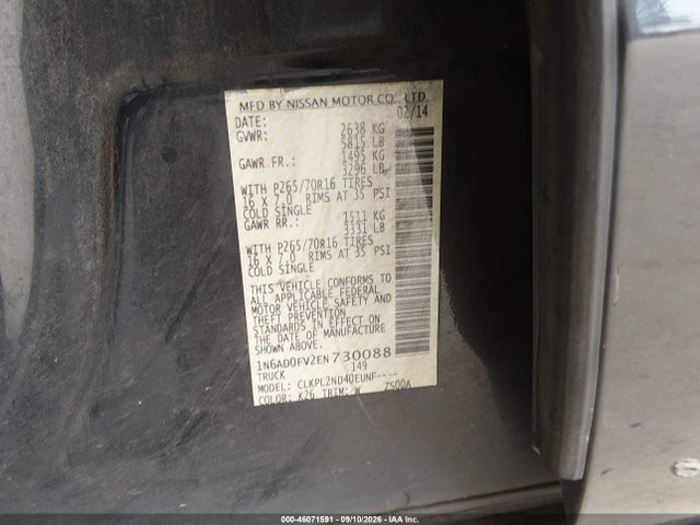 46071591 :رقم المزاد ، 1N6AD0FV2EN730088 vin ، 2014 Nissan Frontier Sv مزاد بيع