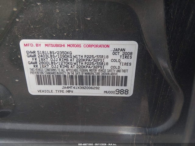 Продаж на аукціоні авто 2009 Mitsubishi Outlander Xls, vin: JA4MT41X39Z006292, номер лоту: 46071593