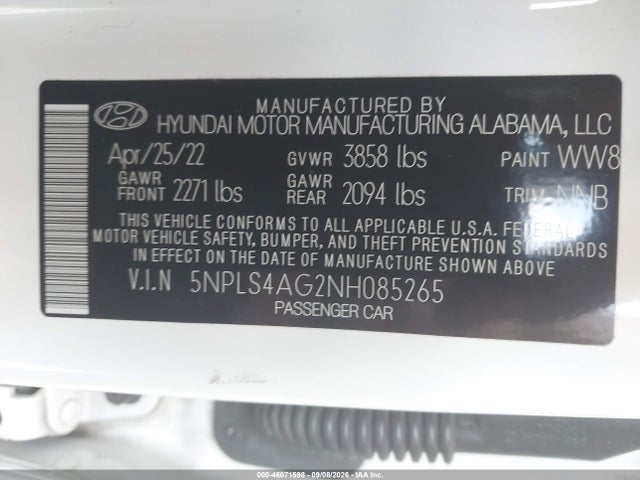Aukcja sprzedaży 2022 Hyundai Elantra Sel, vin: 5NPLS4AG2NH085265, numer aukcji: 46071598