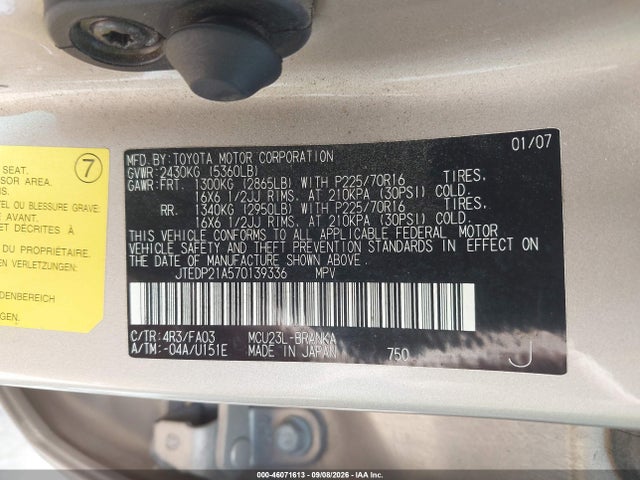 46071613 :رقم المزاد ، JTEDP21A570139336 vin ، 2007 Toyota Highlander V6 مزاد بيع