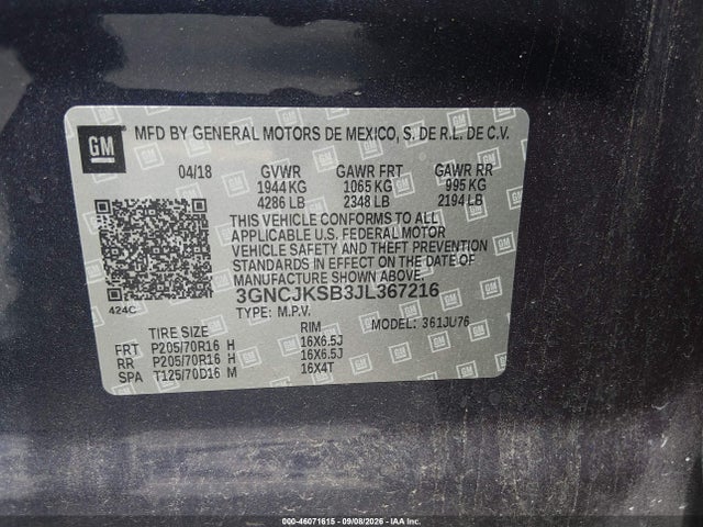 46071615 :رقم المزاد ، 3GNCJKSB3JL367216 vin ، 2018 Chevrolet Trax Ls مزاد بيع