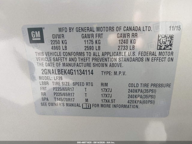 Продаж на аукціоні авто 2016 Chevrolet Equinox Ls, vin: 2GNALBEK4G1134114, номер лоту: 46071620