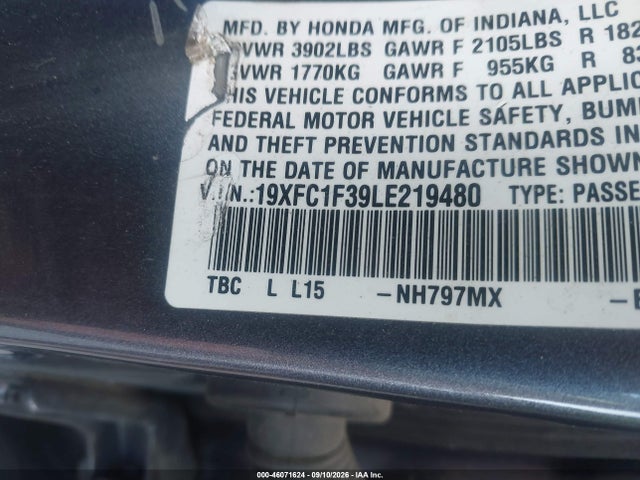 46071624 :رقم المزاد ، 19XFC1F39LE219480 vin ، 2020 Honda Civic Ex مزاد بيع