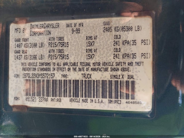 46071633 :رقم المزاد ، 1B7GL22X3YS572157 vin ، 2000 Dodge Dakota Slt/sport مزاد بيع