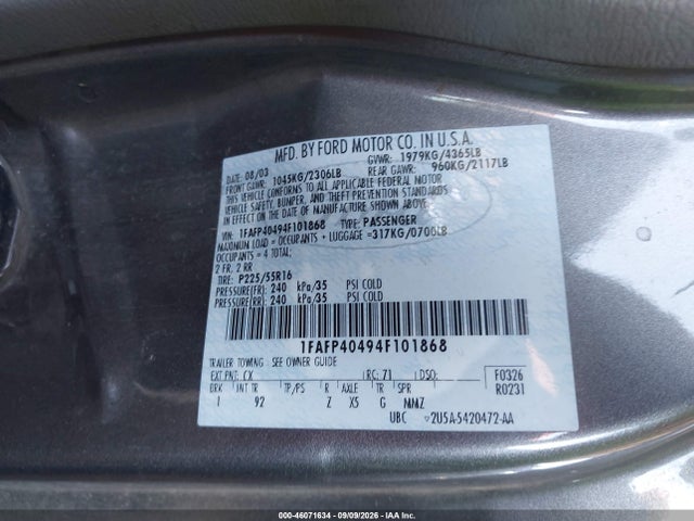 46071634 :رقم المزاد ، 1FAFP40494F101868 vin ، 2004 Ford Mustang مزاد بيع