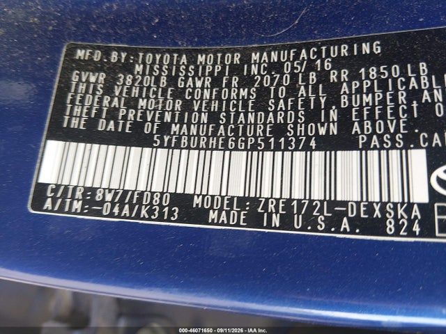 46071650 :رقم المزاد ، 5YFBURHE6GP511374 vin ، 2016 Toyota Corolla S Plus مزاد بيع