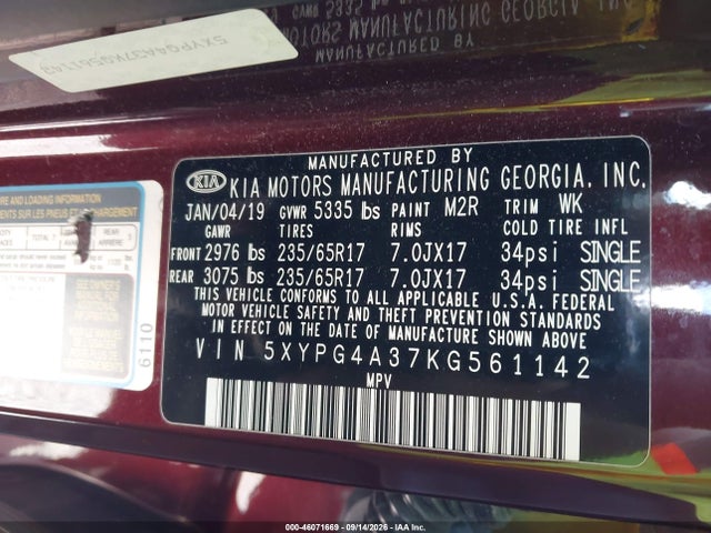 2019 Kia Sorento 2.4l Lx მანქანა იყიდება აუქციონზე, vin: 5XYPG4A37KG561142, აუქციონის ნომერი: 46071669
