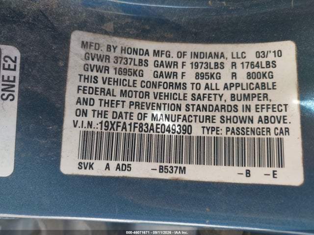 46071671 :رقم المزاد ، 19XFA1F83AE049390 vin ، 2010 Honda Civic Ex مزاد بيع