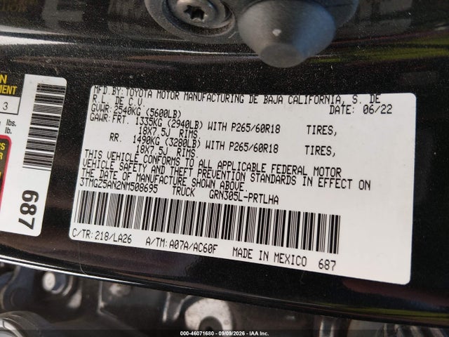 Продаж на аукціоні авто 2022 Toyota Tacoma Limited, vin: 3TMGZ5AN2NM508695, номер лоту: 46071680