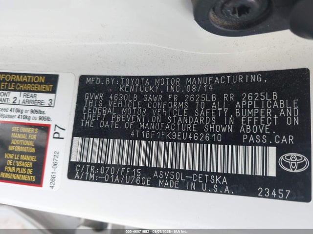 46071682 :رقم المزاد ، 4T1BF1FK9EU462610 vin ، 2014 Toyota Camry Se مزاد بيع