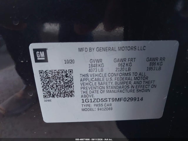 2021 Chevrolet Malibu Fwd Lt მანქანა იყიდება აუქციონზე, vin: 1G1ZD5ST9MF029914, აუქციონის ნომერი: 46071686