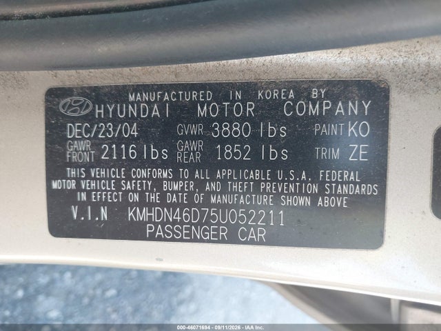 46071694 :رقم المزاد ، KMHDN46D75U052211 vin ، 2005 Hyundai Elantra Gls/gt مزاد بيع