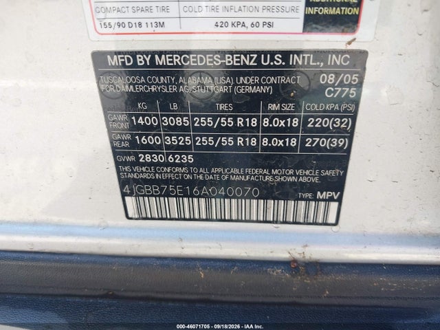 Продажа на аукционе авто 2006 Mercedes-benz Ml 500, vin: 4JGBB75E16A040070, номер лота: 46071705