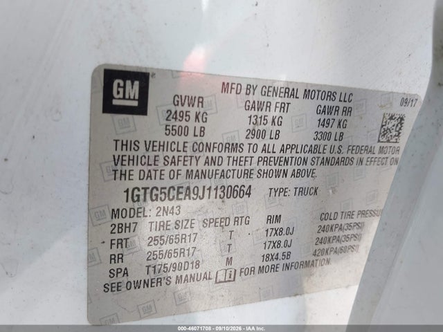 Aukcja sprzedaży 2018 Gmc Canyon Sle, vin: 1GTG5CEA9J1130664, numer aukcji: 46071708