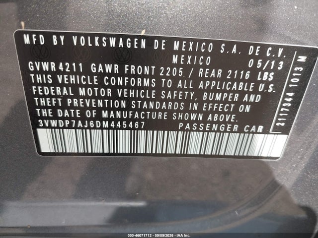 Aukcja sprzedaży 2013 Volkswagen Jetta 2.5l Se, vin: 3VWDP7AJ6DM445467, numer aukcji: 46071712