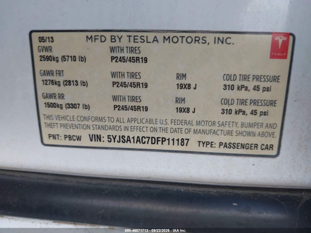 Aukcja sprzedaży 2013 Tesla Model S, vin: 5YJSA1AC7DFP11187, numer aukcji: 46071713
