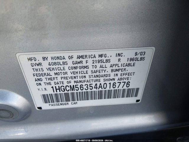 Продаж на аукціоні авто 2004 Honda Accord 2.4 Lx, vin: 1HGCM56354A016776, номер лоту: 46071719