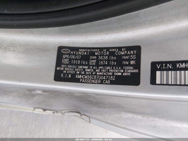46071731 :رقم المزاد ، KMHCM36C87U047182 vin ، 2007 Hyundai Accent Gs مزاد بيع